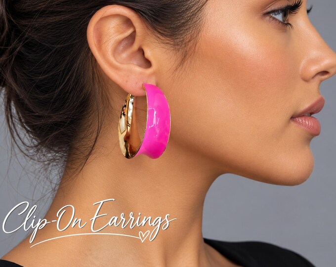 Clip On Hoop Earrings - Wide Neon Pink Enamel & Gold Tone Hoop Earrings - Bold Statement Hoops - 1.9" - 4.5cm