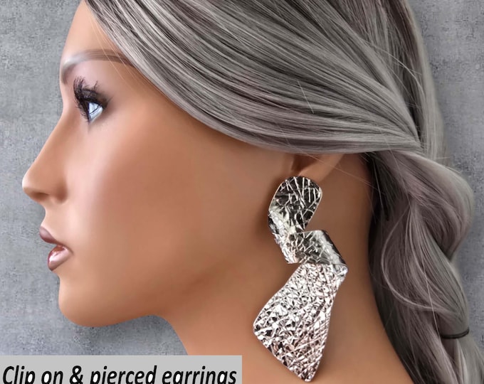 CLIP ON drop earrings, 4" long silver tone patterned chunky twisted design earrings, non pierced ears, ear clips, Big statement earrings,