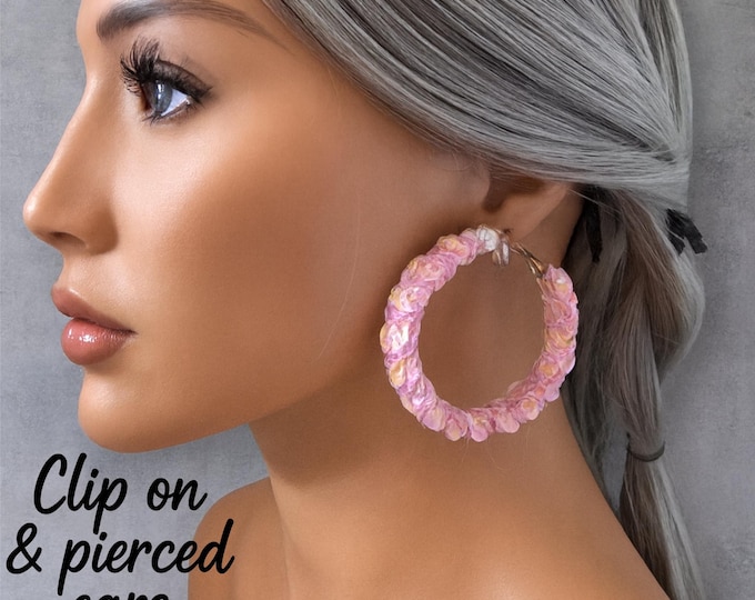 Pink Sequin Clip-On Hoop Earrings – 2.25" Lightweight Statement Hoops, Pastel Sparkly Fabric Wrapped, Non-Pierced Earrings