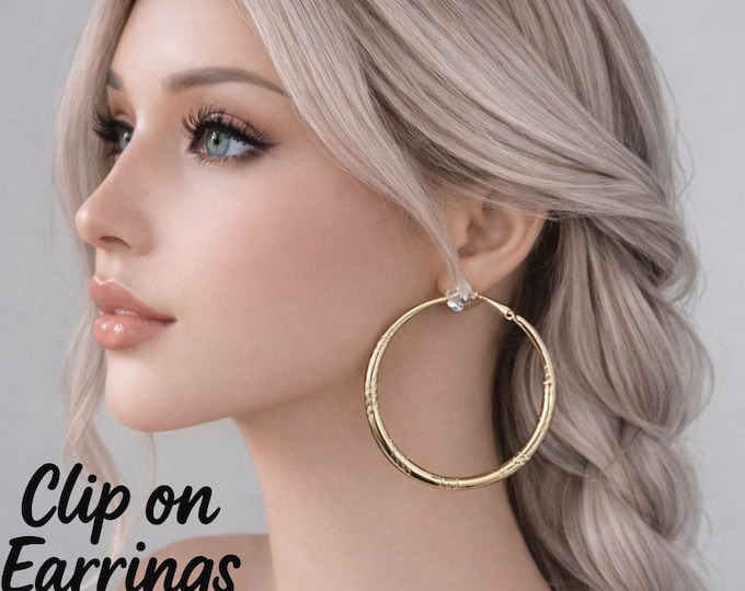 Gold Tone Clip On Hoop Earrings - 2.25 Inch Lightweight Bold Non Pierced Earrings