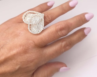 Large Adjustable Silver Tone Heart Rhinestone Ring – Sparkling Cocktail & Party Statement Fashion Jewelry