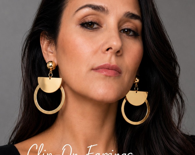 Gold Tone Clip On Drop Earrings – Layered Circle Design – Non Pierced – Statement Jewellery – 3" – 7.5cm