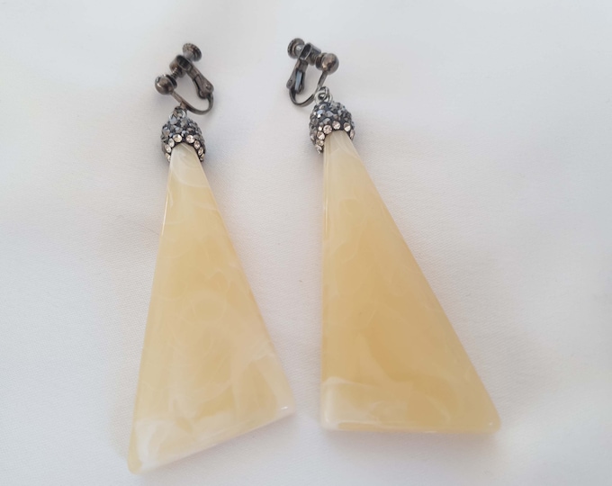 1 pair of 3.1" long cream marbled chunky acrylic pendant drop earrings with rhinestone diamante top - clip on non pierced or pierced options