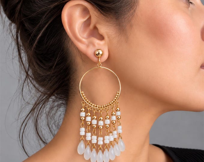 Clip On White & Gold Tone Chandelier Hoop Earrings – Large Boho Statement Earrings – Non Pierced Earrings – 4" - 10cm