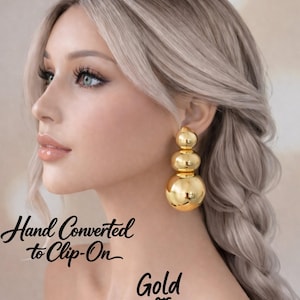 Clip  On Earrings - Big Chunky Statement Gold or Silver Tone Drop Earrings |  Bold Modern Geometric Design