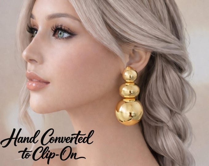 Clip  On Earrings - Big Chunky Statement Gold or Silver Tone Drop Earrings |  Bold Modern Geometric Design