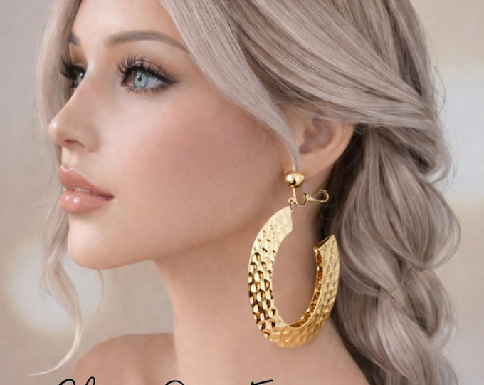 Clip On Earrings - Long Oval Textured Chunky Crescent Half Hoop Earrings – 3.5" - 9cm