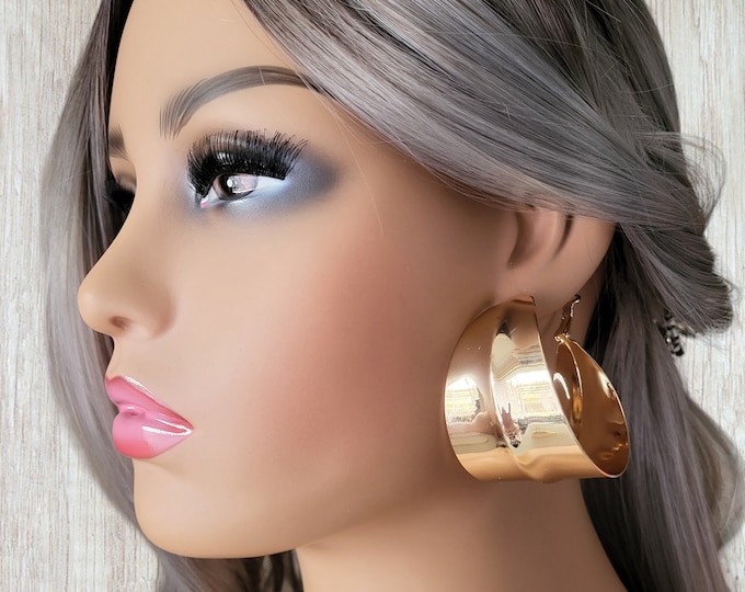 Big gold tone CLIP ON hoop earrings - 1.75" diameter - EXTRA wide flat tube hoop earrings - clip on or pierced option - Big statement hoops