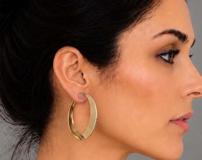 Gold Tone Clip On Hoop Earrings – Wide Statement Hoops, Non Pierced Earrings - 2" - 5cm