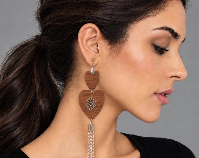 Long Wooden Heart Clip On Earrings – Boho Rose Gold Tassel Statement  – Non Pierced – 6.25" - 16cm