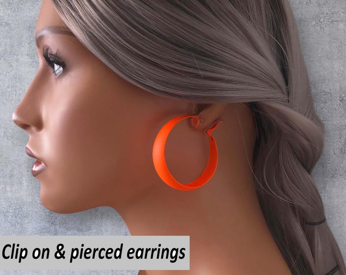 Neon orange CLIP ON hoop earrings - 2" diameter  wide flat tube hoops fluorescent / neon hoops, Retro - 80's hoops Pierced & non pierced