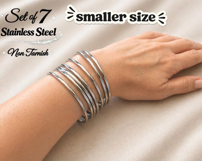 Set of 7 Stainless Steel Thin Stacking Bangles - Non Tarnish Minimalist Stacking Bracelets Inner Diameter 2.35" - 6cm