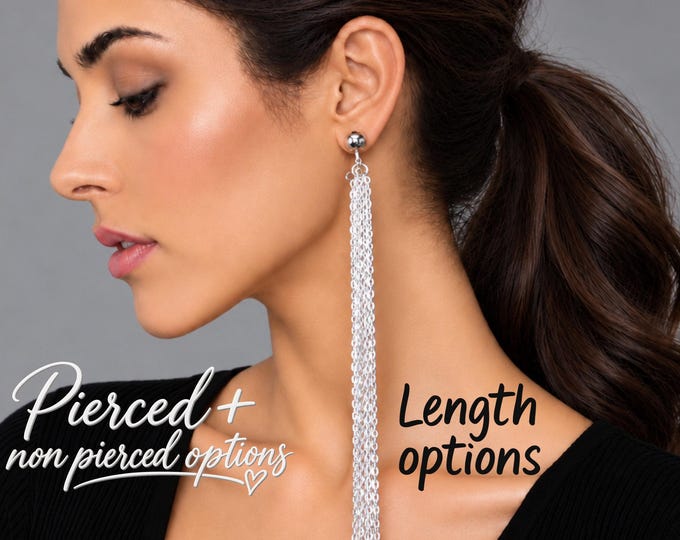 Silver Tone Chain Tassel Clip On Earrings – Statement Shoulder Duster Earrings – Optional Lengths 4" to 14" – Non Pierced Ears