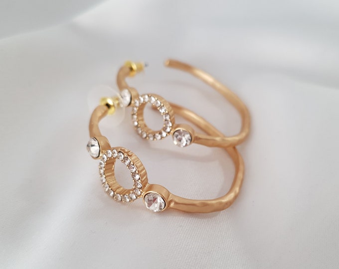 Matt gold coloured beaten style diamante half hoop earrings - Clip on or pierced options