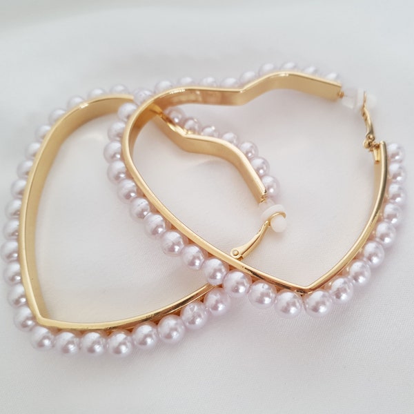 Clip on hoop earrings - 3" gold tone & faux pearl bead HEART SHAPE clip on hoop earrings for non pierced ear's
