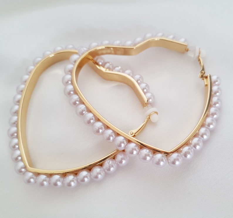 Clip on hoop earrings 3 gold tone & faux pearl bead HEART SHAPE clip on hoop earrings for non pierced ear's image 1