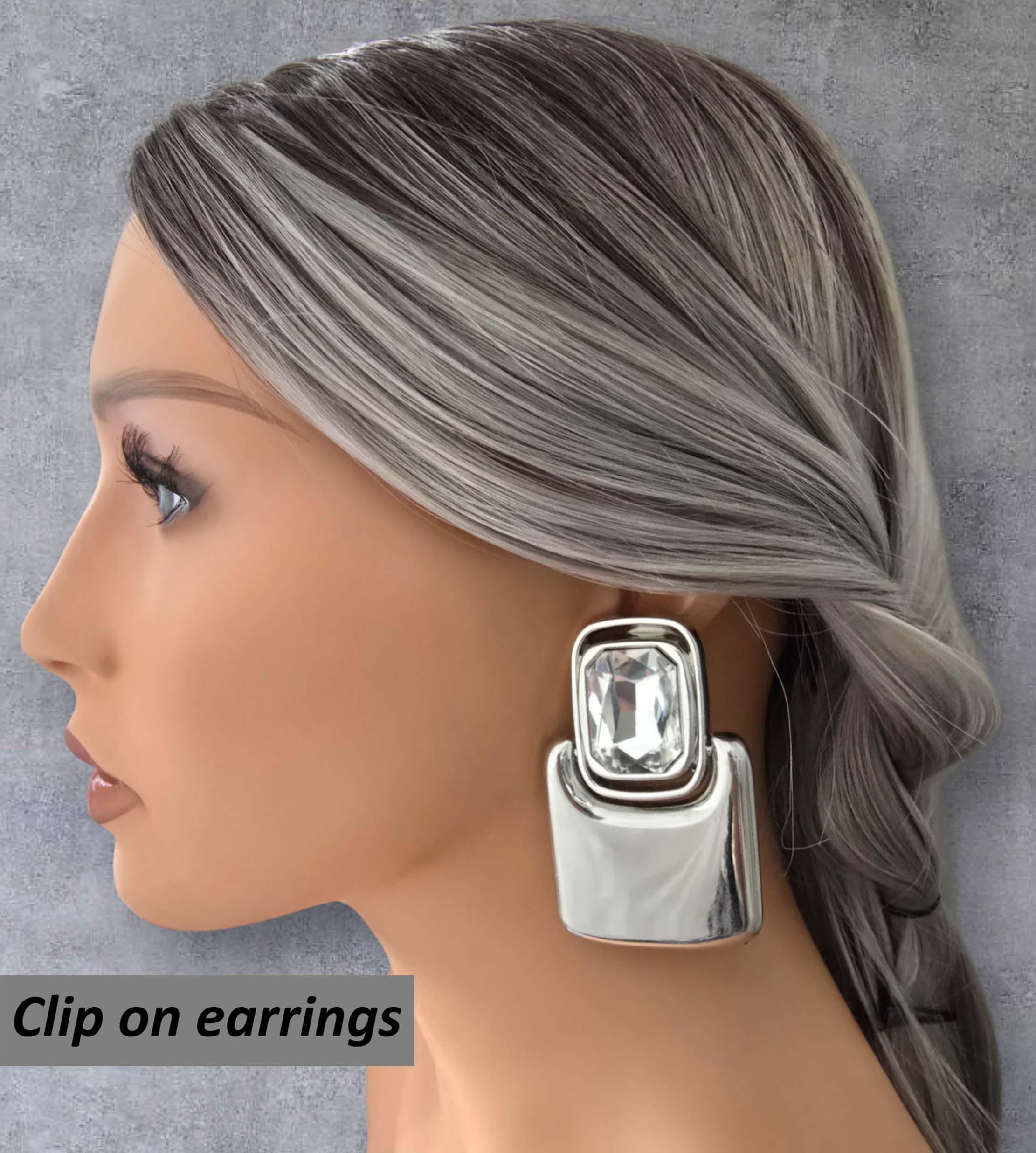 Boucles D'Oreilles Clips Années 80 - Céramique & Résine Argenté, 10 Cm - Occasion Vintage