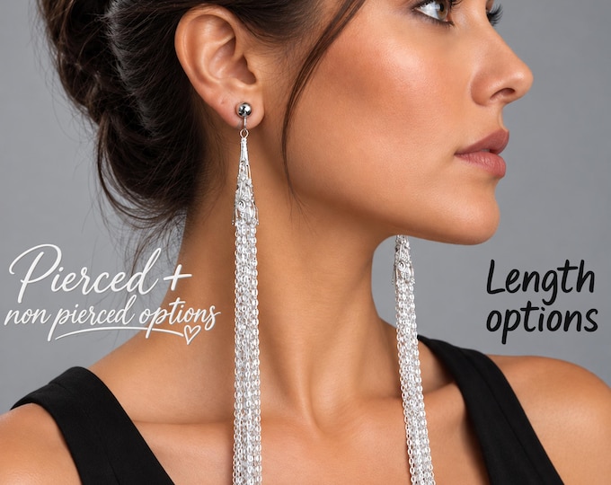 Long Silver Tone Chain Tassel Earrings - Filigree Top – Clip-On or Pierced Options – Length Options Available