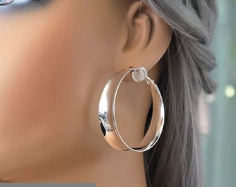 Clip on hoop earrings - 1.85" Sterling silver plated wide concave tube hoop earrings for non pierced ears, clip on hoops, clip on earrings