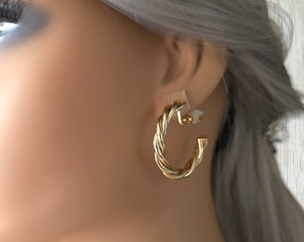 1 pair of 1.25" gold tone CLIP-ON C shape hoop earrings - twisted design  - Clip on for non pierced ears - Big fab hoops