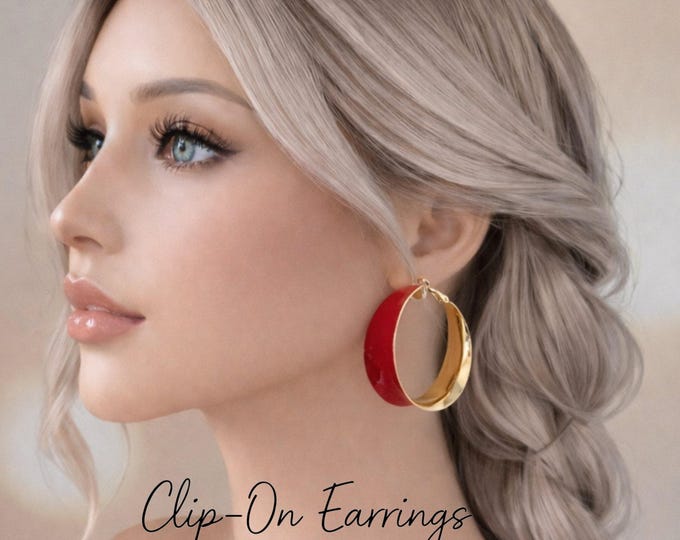 Clip On Hoop Earrings - Wide Red Enamel & Gold Tone Hoop Earrings - Bold Statement Hoops - 1.9" - 4.5cm
