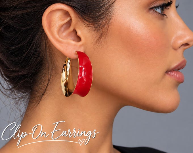 Clip On Hoop Earrings - Wide Red Enamel & Gold Tone Hoop Earrings - Bold Statement Hoops - 1.9" - 4.5cm