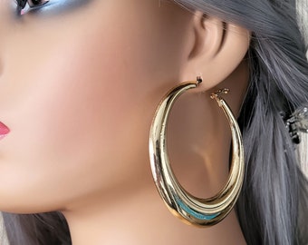 Gold tone CLIP ON hoop earrings - 2.75" diameter - plain chunky - thick crescent design tube hoop earrings - clip on or pierced option