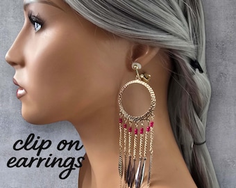Gold & Silver Tone Clip-On Tassel Earrings – Statement Boho Long Dangle Earrings with Fuchsia Beads, Long Gold Chain Fringe Earrings,