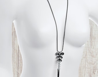 32" long pendant necklace - Hematite - grey gunmetal coloured snake chain & 9" long diamante butterfly design pendant necklace