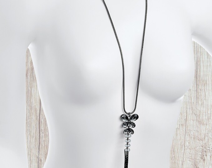 32" long pendant necklace - Hematite - grey gunmetal coloured snake chain & 9" long diamante butterfly design pendant necklace