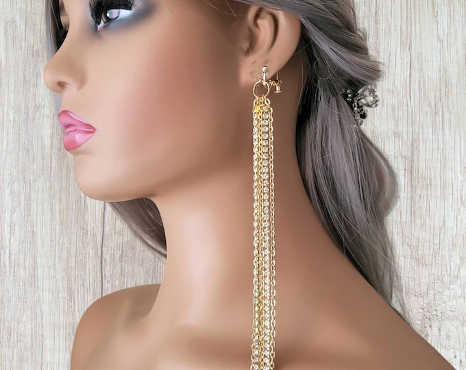Stunning 8" long Gold tone & diamante  waterfall chain tassel  drop earrings - clip on - non pierced or pierced options -Super long earrings
