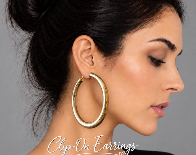 Clip On Hoop Earrings – Chunky Oversized Statement Hoops  – Gold or Silver Tone Non Pierced  – 2.75" / 6.5cm