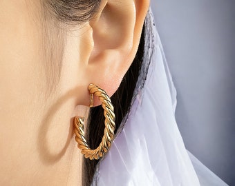 1 pair of 1.25" gold tone CLIP-ON C shape hoop earrings - twisted design  - Clip on for non pierced ears - Big fab hoops   #nh4