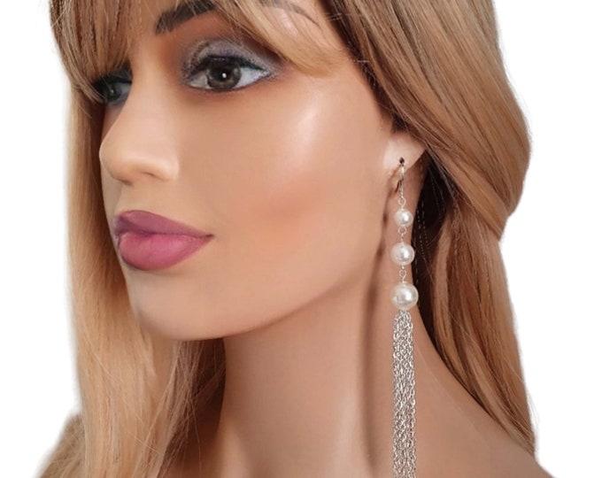 1 pair of 5" long Ivory faux pearl bead & chain tassel drop earrings - clip on or pierced options available - Longer - shorter options