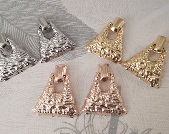 Clip on earrings - Big chunky thick patterned triangle - geometric metal doorknocker style clip on drop earrings - Gold, rose gold or Silver