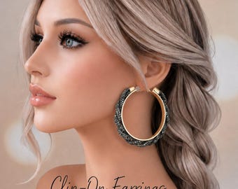 Clip On Hoop Earrings - Gold Tone & Hematite Twisted Sparkly Rhinestone Hoop Earrings – 2.75" - 7cm