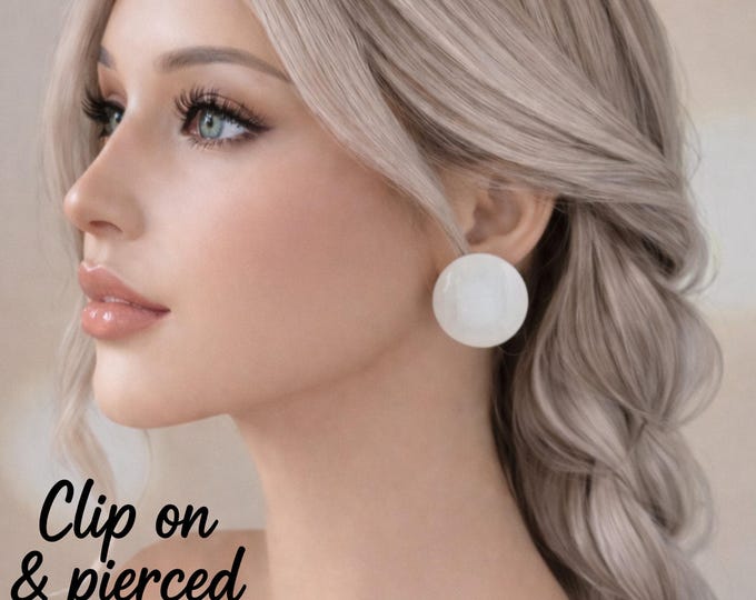 Large Pale Cream Button Stud Earrings – Clip On or Pierced – Minimalist Round Disc Earrings - 1.2" - 3cm