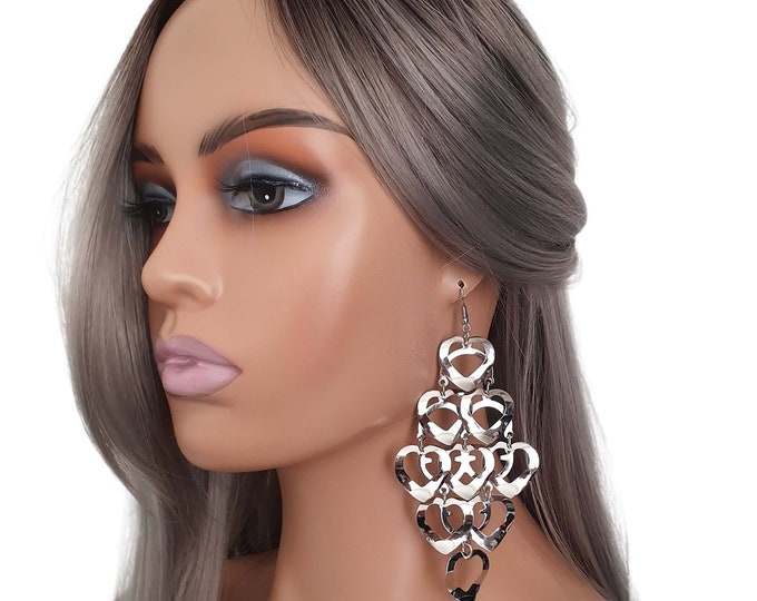 4.75" Extra long silver metal heart charm layered chandelier style earrings - Clip on or pierced options - Super lightweight