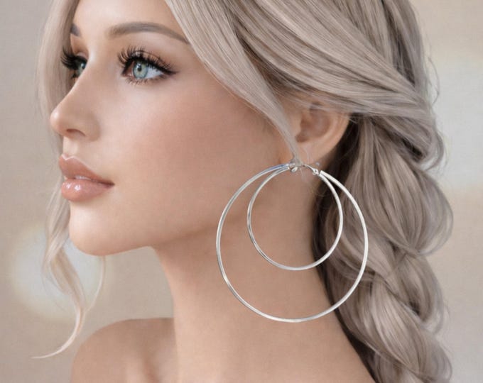 3.5" Silver Tone Double Hoop Clip On Earrings – Large Statement Oversized Hoops