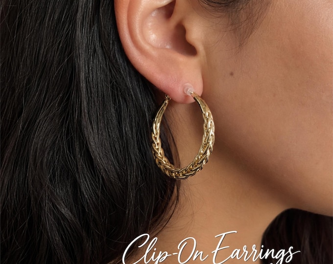 Gold Braided Clip On Hoop Earrings – Twisted Rope Statement Hoops – Non Pierced Earrings - 1.5" - 4cm