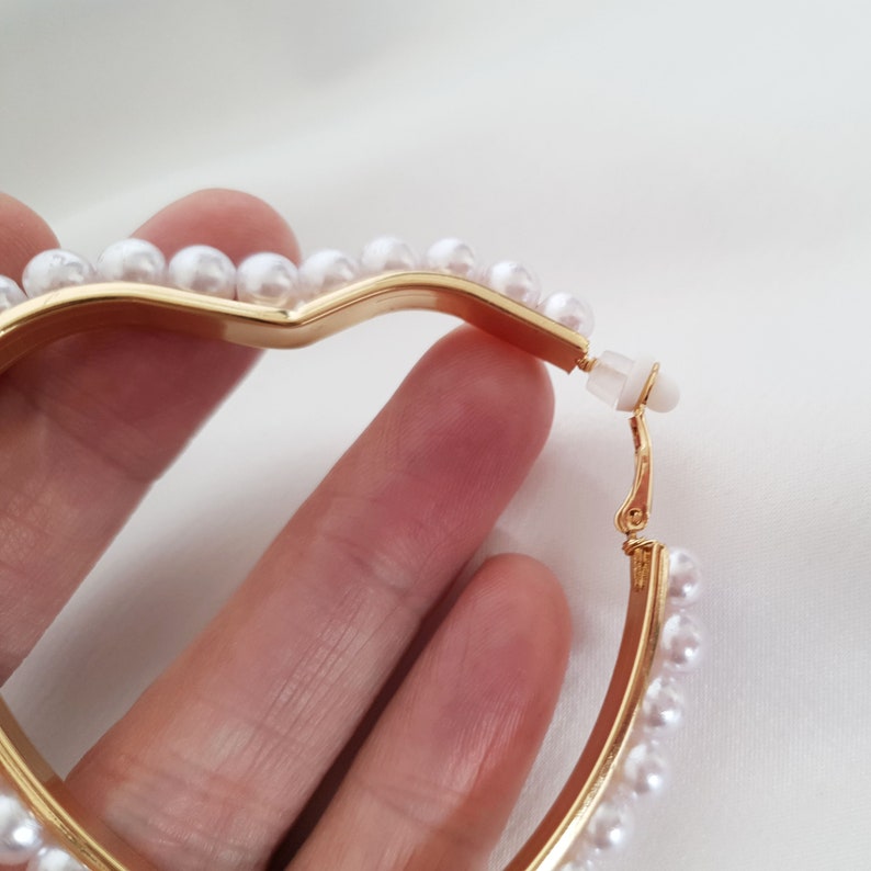 Clip on hoop earrings 3 gold tone & faux pearl bead HEART SHAPE clip on hoop earrings for non pierced ear's image 5