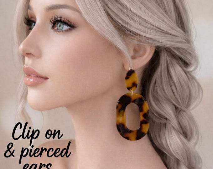 Tortoiseshell Statement Clip On Earrings – Large Oval Drop Brown Acrylic Dangle Earrings