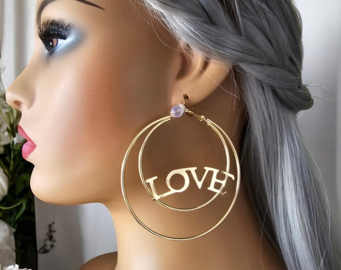Big gold tone CLIP ON hoop earrings - 3" diameter - double layered plain hoop earrings with LOVE statement - clip on or pierced option