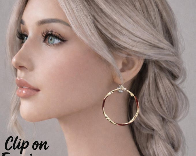 Red & Gold Tone Clip On Twisted Hoop Earrings –  1.75" Bold Statement Earrings –  Lightweight Hoops