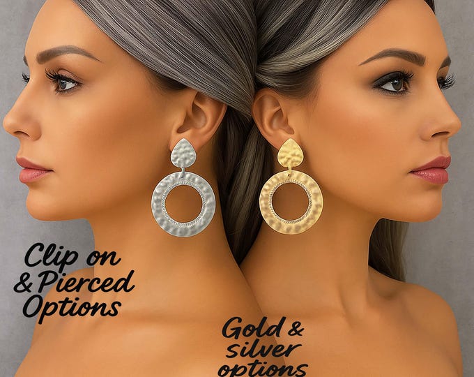 Hammered Circle & Rhinestone Statement Clip-On Earrings – MATT Gold - Silver Tone Options, Lightweight Design for Pierced - Non-Pierced Ears