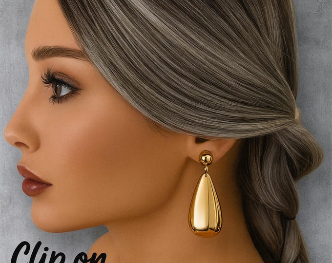 Gold Tone Teardrop Clip On Earrings – Lightweight Drop Statement Dangle Earrings for Non Pierced Ears, Bold Fashion Jewellery