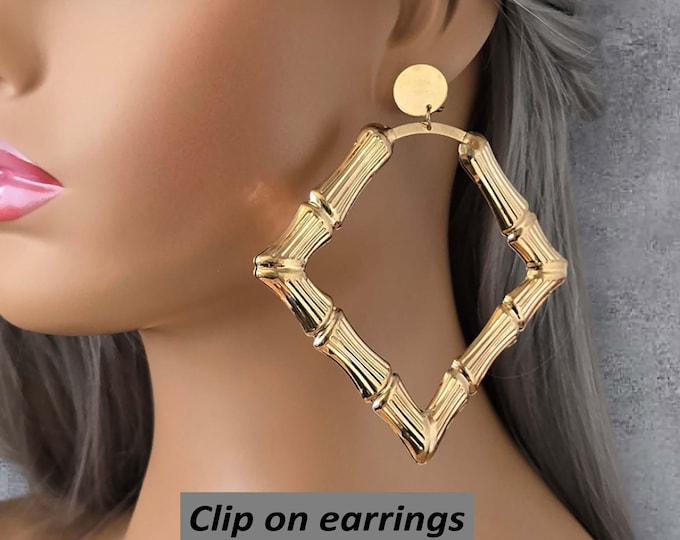 Clip on hoop earrings, 1 pair gold tone bamboo design clip on hoop drop earrings, 4.2" big fashion statement earrings for non pierced ears