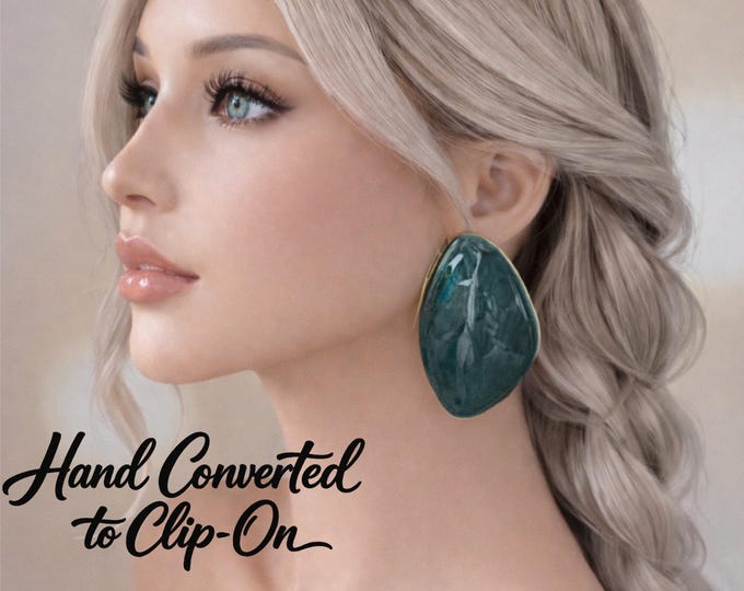 Green Marble Teardrop Clip On Earrings – Enamel Statement Earrings – Non Pierced – Bold Modern Jewellery