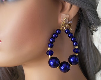 1 pair of violet blue & gold CLIP ON beaded drop earrings - 3" long teardrop design big chunky beaded drop earrings - Clip on or pierced