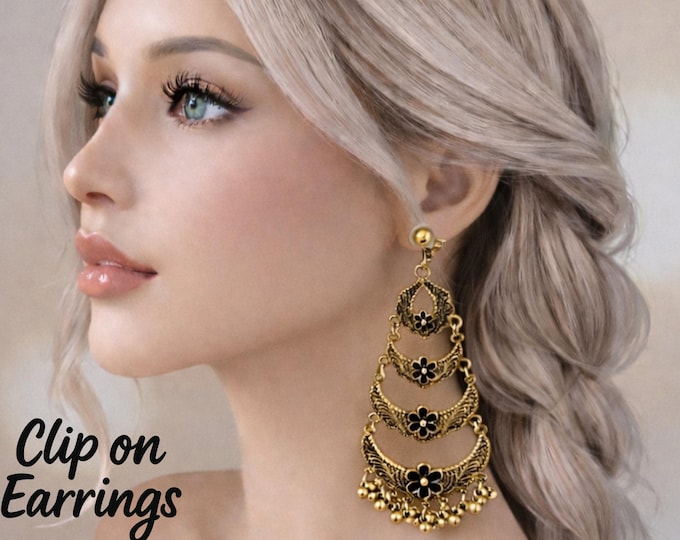Gold Tone Chandelier Clip On Earrings – Black Floral Chandbali Inspired Earrings – Large Statement Indian - Bollywood Style